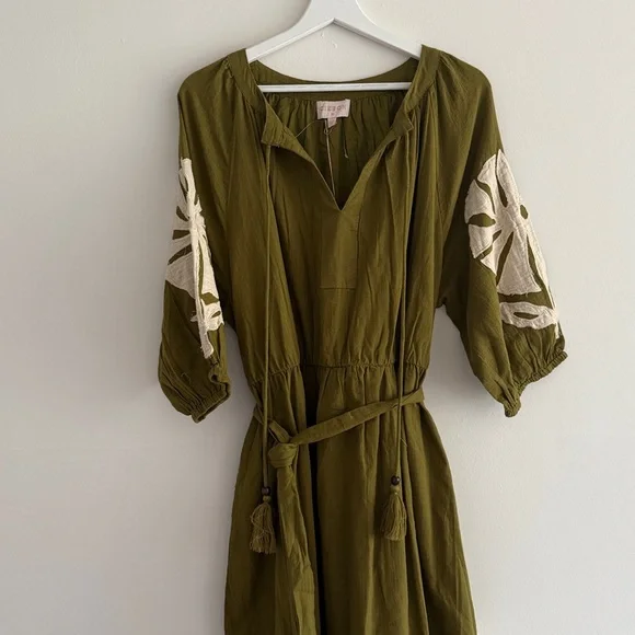 green emerald velvet dress Sadira Palm Embroidered Midi Dress